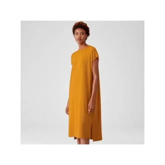 EILEEN FISHER Womens Gold Stretch Crew Neck Below The Knee Shift Dress XS - Picture 1 of 1